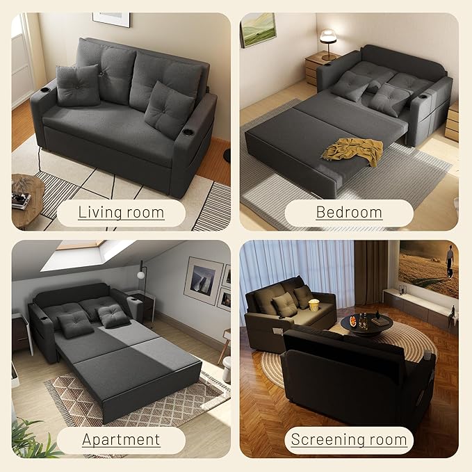 3 in 1 Sofa Bed 56 Inch Convertible Pull Out Couch Loveseat Sleeper Sofa with Cup Holders USB Sofa Couches for Living Room Bedroom Apartment Dark Grey