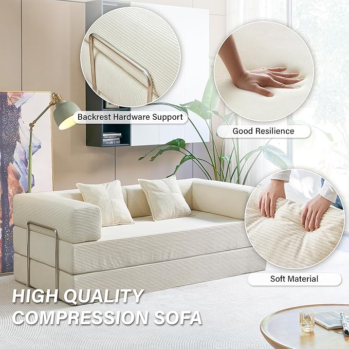 Compression Sofa - 78''Convertible Floor Sofa Bed - with Pillow Back Support Armrest - Comfy Foldable Sofa Bed Compressed Sofa in Box - Corduroy Fabric - for Living Room Bedroom - Ivory