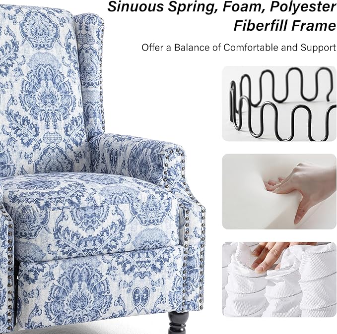 Recliner Chair Upholstered Wingback Floral Pushback Armchair with Adjustable Backrest &amp Footrest Comfy Accent Chair Reading Single Sofa for Small Spaces Living Room Bedroom (Navy Blue Set of