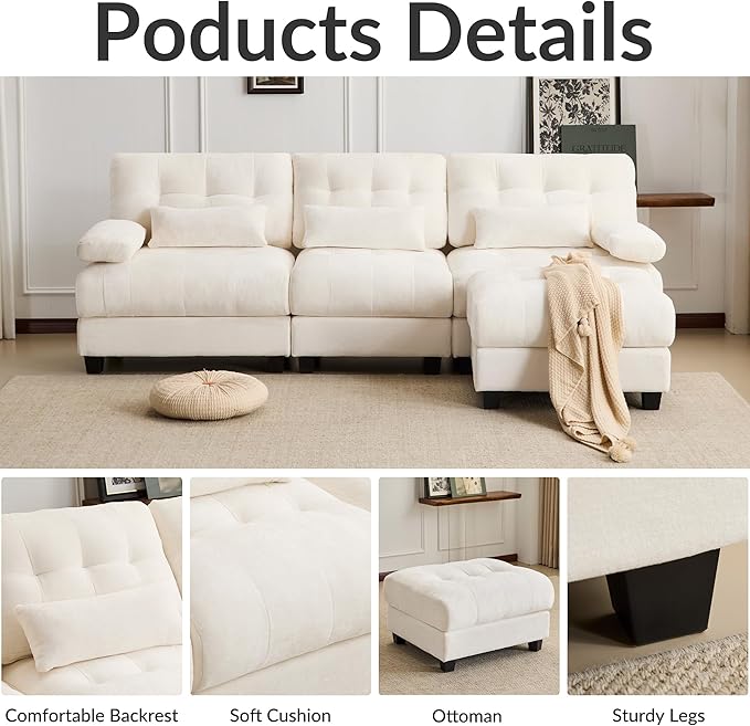93 3+1 Seater Sofa with Ottoman - 4-Position Adjustable Backrest 350lb/Seat Soft Chenille Fabric 3 Throw Pillows Easy Assembly (Beige)