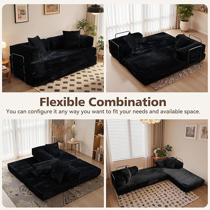 4-in-1 Folding Sofa Bed 78 Oversized Corduroy Sleeper Chair Convertible Loveseat to Floor Bed with Storage Pockets Boneless Design for Living Room Bedroom &amp Small Spaces