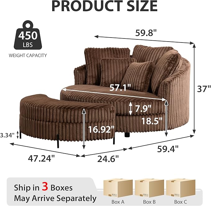 Chifee &amp Vingol 59.8 W Oversized Accent Round Chair Large Barrel Chair with Ottoman &amp Movable Wheels &amp 5 Pillows Faux Fur Fabric - Brown
