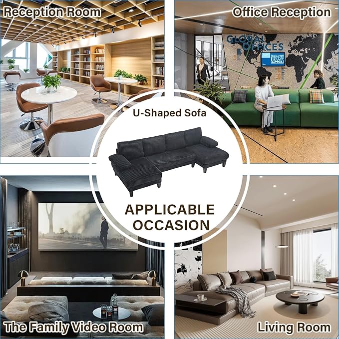 114.2W U-Shaped Sectional Sofa for Living Room Corduroy U-Shaped Couch with Double Chaises 4-Seater Comfy Cloud Sofa for Home Furniture Office &amp Small Space (Black)