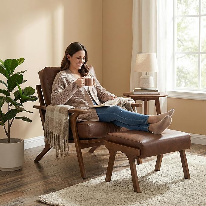 Mid Century Modern Accent Chair with Ottoman Farmhouse PU Upholstered Living Room Armchair and Ottoman Set 23 Seat Wide Retro Leisure Lounge Chair with Wood Frame for Home Bedroom Office Brown