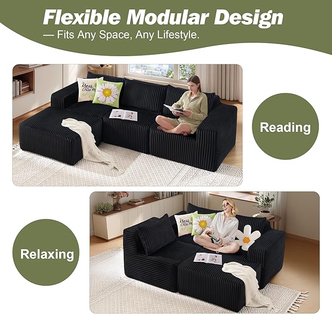 101 Boneless Cloud Modular Sectional Sofa L-Shaped Memory Foam Couch with Reversible Chaise Corduroy Upholstered Sofa in a Box No Assembly Required for Living Room &amp Apartment (Black 101in)