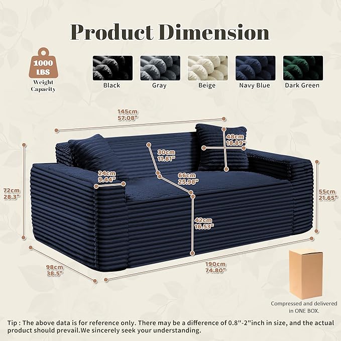 75 Cloud Loveseat Sofa 26 Deep Seat Boneless Couches for Living Room Modern 3 Seater Sofa with Throw Pillows Corduroy Compression Sofa in Box No Assembly Couch for Bedroom Dorm Dark Blue