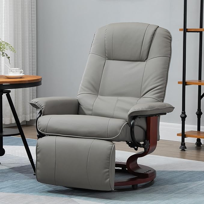 Faux Leather Manual Recliner with Swivel Wood Base White Upholstery Comfortable and Stylish for Living Room or Office