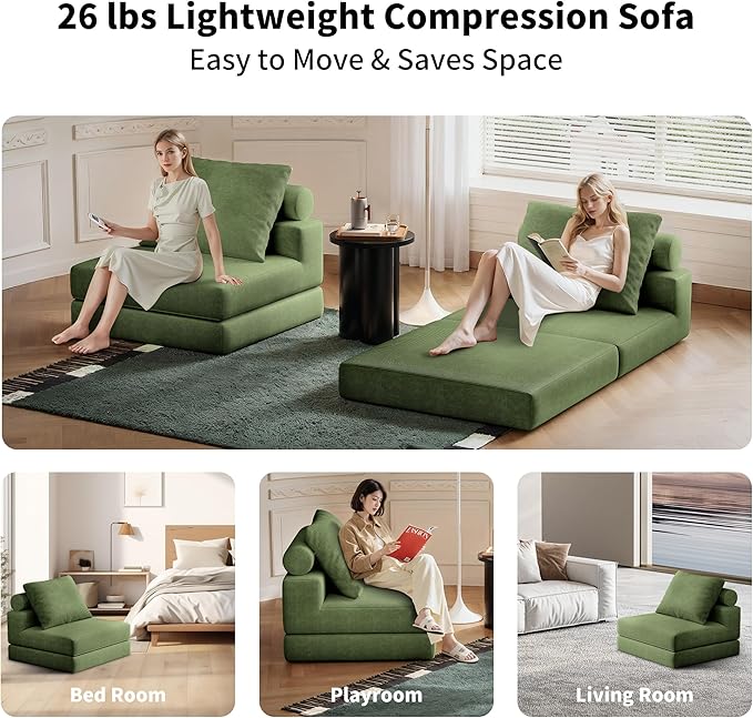 Folding Sofa Bed 3-in-1 Convertible Sleeper Chair Bed with Pillows Foldable Floor Couch with High-Density Foam Futon Small Boneless Couch for Living Room Bedroom Lounge Single Green