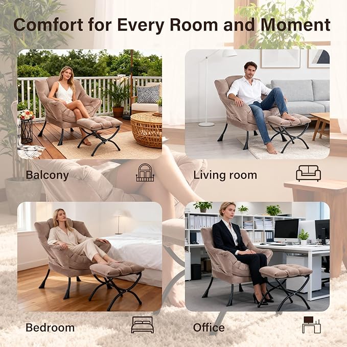 Lazy Chair with Ottoman Modern Accent Chair Contemporary Sofa Chair with Armrests Reading Chair and Folding Footstool Set for Living Room Bedroom Office Khaki