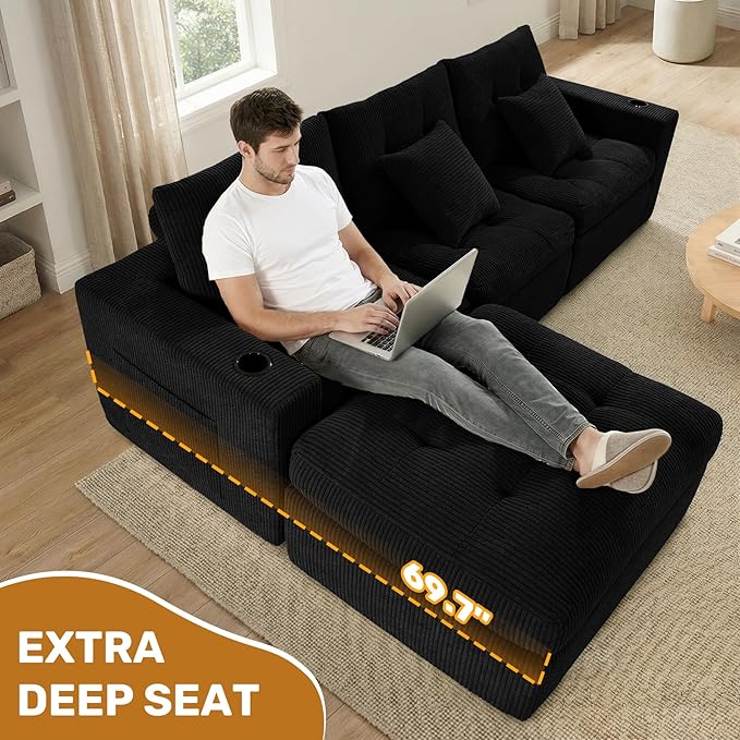 113 Modular Sectional Sofa for Living Room Convertible L-Shape Couch with OttomanCloud Boneless Couch with Layered CushionBlack Corduroy