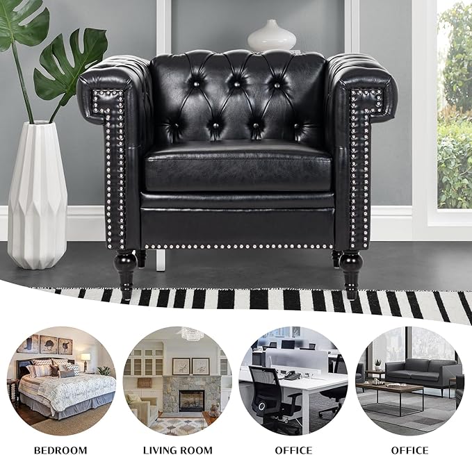 Modern Living Room Chairs Oversized Chesterfield Chair Black Faux Leather Tufted Arm Accent Sofa Chairs Deep Seat Comfy Classic Club Wingback Single Sofa Chair for Bedroom Office