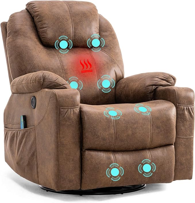 Swivel Rocker Recliner Chair - Manual Glider Rocking Recliner Ergonomic Chair with Heated Massage 4 Pockets/Cup Holders/USB Ports/Remote Control Brown