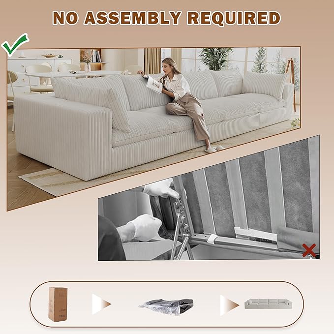 Oversized 158 W Corduroy Boneless Couches for Living Room No Assembly Required Modular Sectional Sofa with Thick Cushion&ampMemory foam Compress Upholstered Couches for Apartment(White 4 Seater)