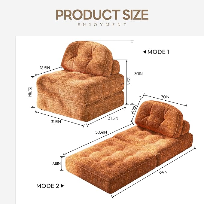 Dowinx Folding Sofa Bed with Pillow Convertible Comfy Couch Bed for Adults Home Lounge and Gaming Modern Comfortable Design for Apartment Living Room Bedroom Single Smooth Velvet Amber Brown