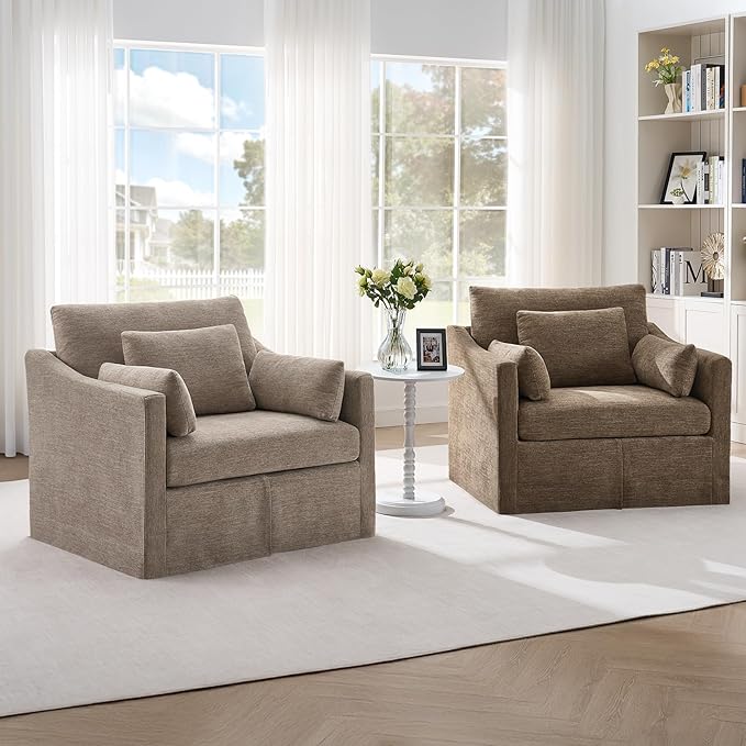 ONBRILL Accent Chair for Living Room Slipcovered Chair with 3 Throw Pillows Comfy Reading Chair Deep Seat Armchair w/Sloped Arms Modern Single Couch Sofa for Apartment Brown