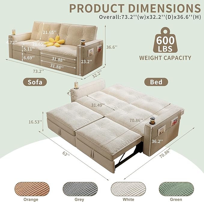 73.2 inch 2-in-1 Convertible Sofa Bed with Cup Holder | Space-Saving Sleeper for Small Apartments Dorms &amp Offices | Guest Ready in Seconds (White+Corduroy)