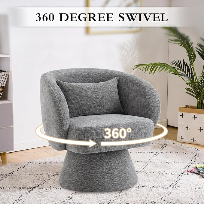 Swivel Accent Chair Sherpa Bucket Chair Velvet Upholstered Armchair 360° Swivel Bucket Shaped Armchair with Pillow and Round Back for Living Room Bedroom Nursery (Gray)