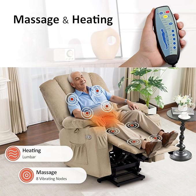 MCombo Large Power Lift Recliner Chair Sofa with Massage and Heat for Big and Tall Elderly People 3 Positions Cup Holders and USB Ports Fabric 7549 (Large Beige)