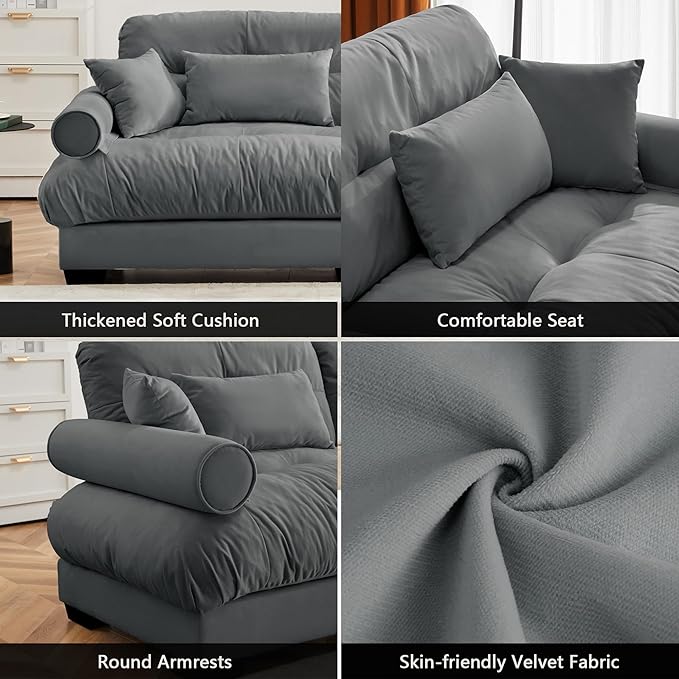 Oversized Modular Sectional Sofa 166 Inch U Shaped Couch Set for Living Room 4-Seater Comfy Velvet Cloud Couches with Movable Ottoman Round Bolster Armrest Grey