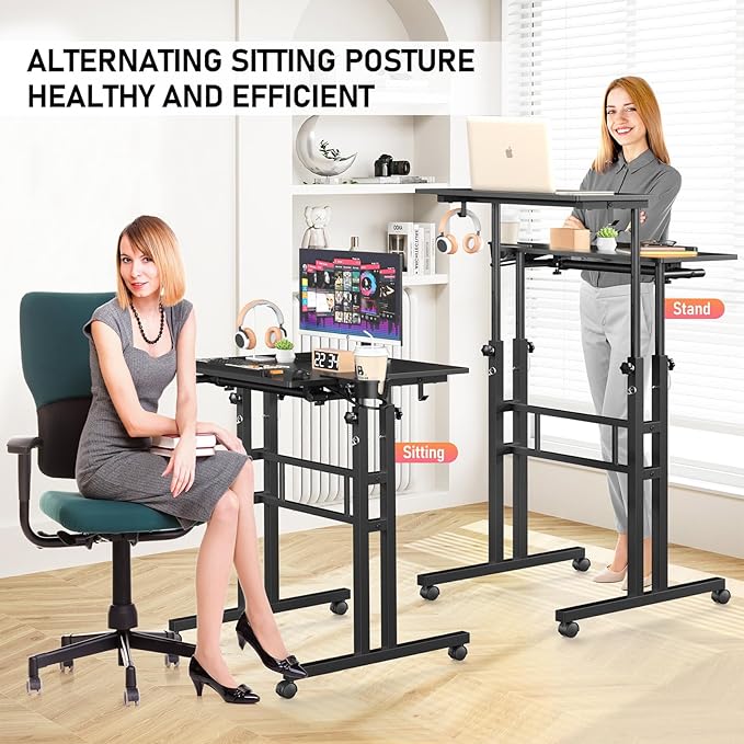 Small Standing Desk with Wheels Tall Mobile Stand Up Table Portable Standing Desk for Walking Pad Rolling Table Adjustable Height Rolling Computer Table for Tall Person