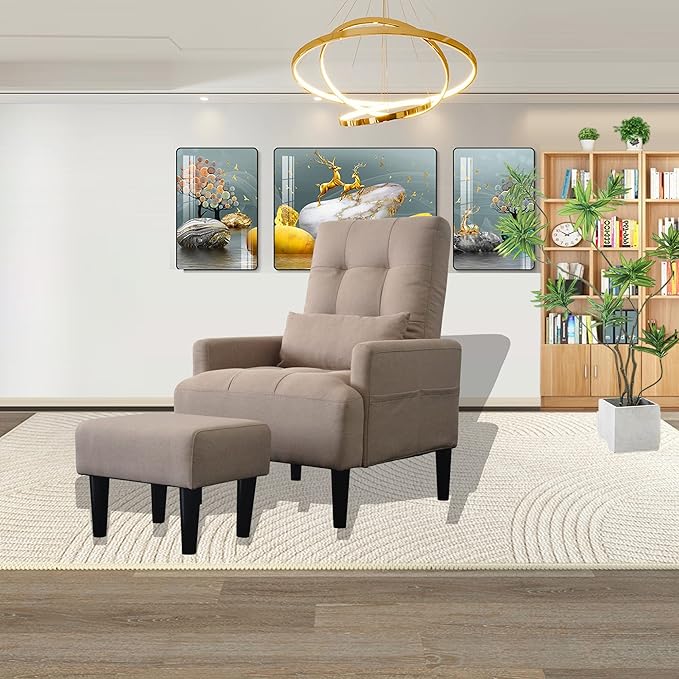 Brown Living Room Sofa Single Chair and Ottoman Modern Multi-Function Fabric Living Room Sofa Lounge Chair Bed and Stool. Soft Leisure Single Chair Adjustable into 5 Angles