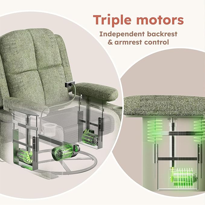 MAMAZING Triple Motor Power Swivel Rocker Recliner Chair with Adjustable Armrests for Adults FSC Certified Faux Leather Rocking Chair for Living Room Green