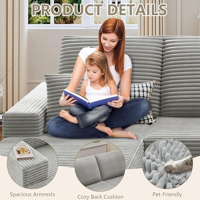 107 Cloud Sectional Couch with U-Shaped Chaise Corduroy Sectional Sofa with Ottoman Boneless Couch with Deep Seat in a Box for Living Room No Assembly Required (Grey Left Facing Chaise)