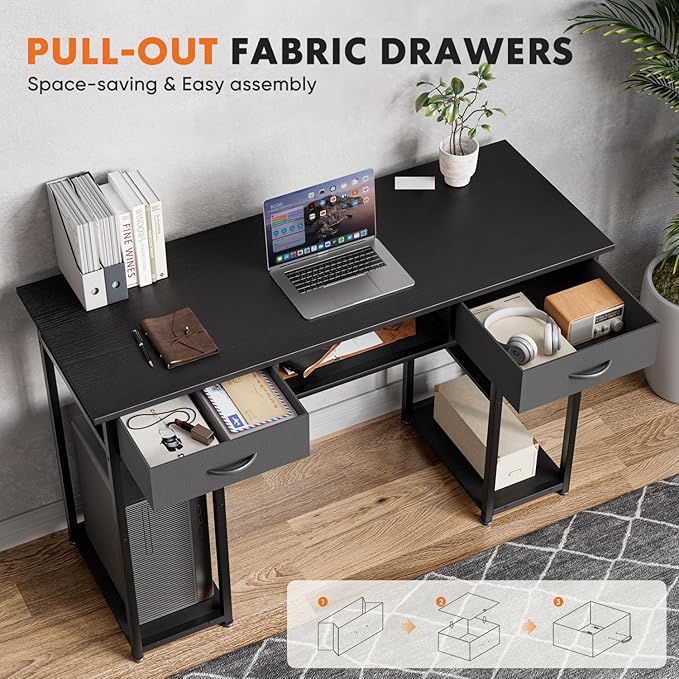 47 Inch Computer Desk with 2 Drawers Home Office Desk with Wooden Shelves Study Writing PC Table for Small Spaces Bedroom Dorm or Living Room Black