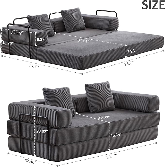 Folding Sofa Bed Modular Sectional Cloud Couch Convertible Sleeper Sofa Bed with Pillow Back Support Armrest for Living Room Bedroom Lounge No Assembly Required Corduroy (Dark Grey)