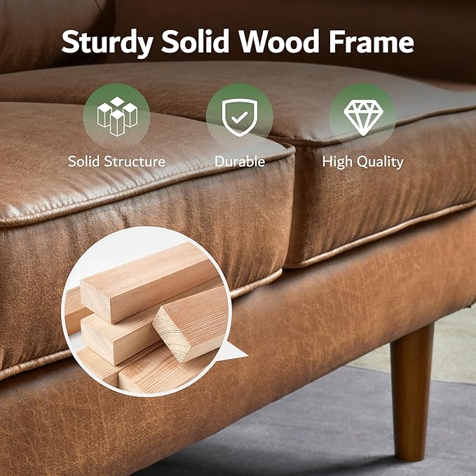 ovios Luxury 3 Seater Sofa with Faux LeatherMid-Century Modern Couch with Comfortable ArmrestComfy Couches with Deep SeatSmall Sofas for Living Room Bedroom (Light Brown)
