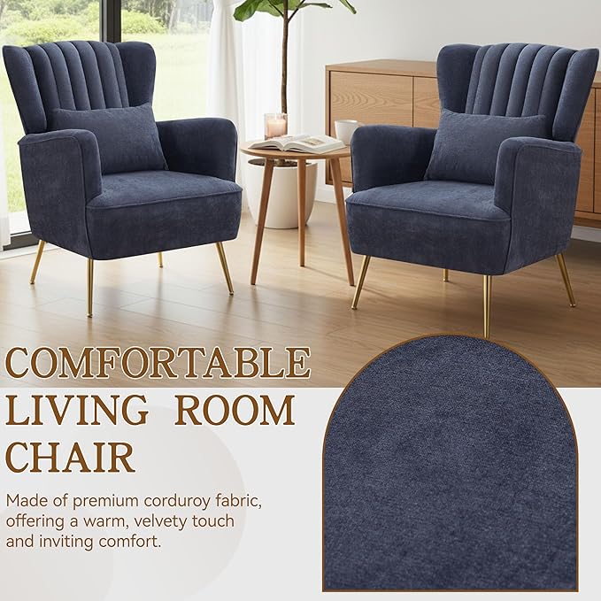 Chenille Accent Chair Set of 2 with Lumbar Pillow Modern Wingback Chair for living room with Metal Legs Upholstered Arm Chair with Thick Cushion Reading Chairs for bedroom Comfy Sofa Chair Blue
