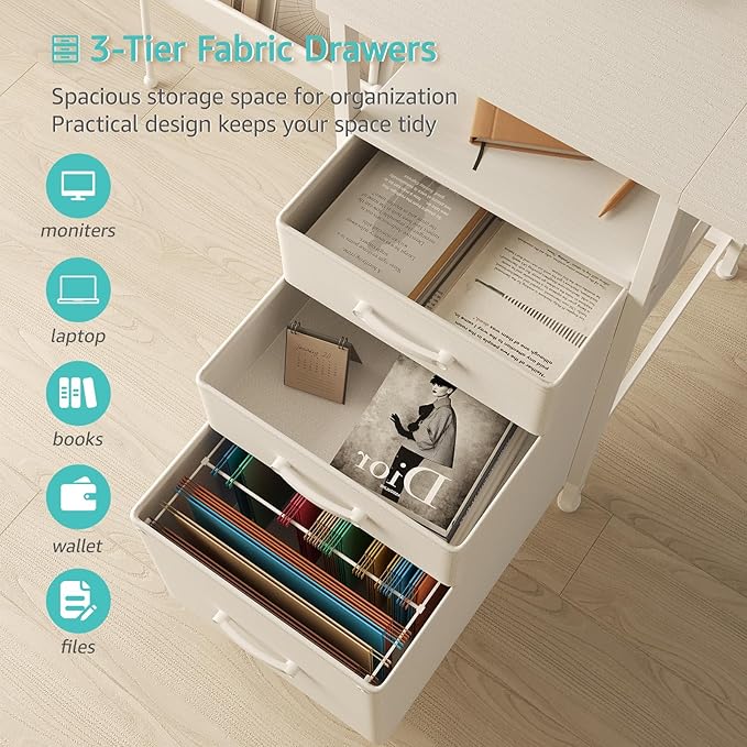Lufeiya White Computer Desk with File Drawers Cabinet 55 Inch Home Office Desk with Monitor Stand Shelves Writing Study Gaming Desks with Led Lights and Power Outlets for Bedroom White