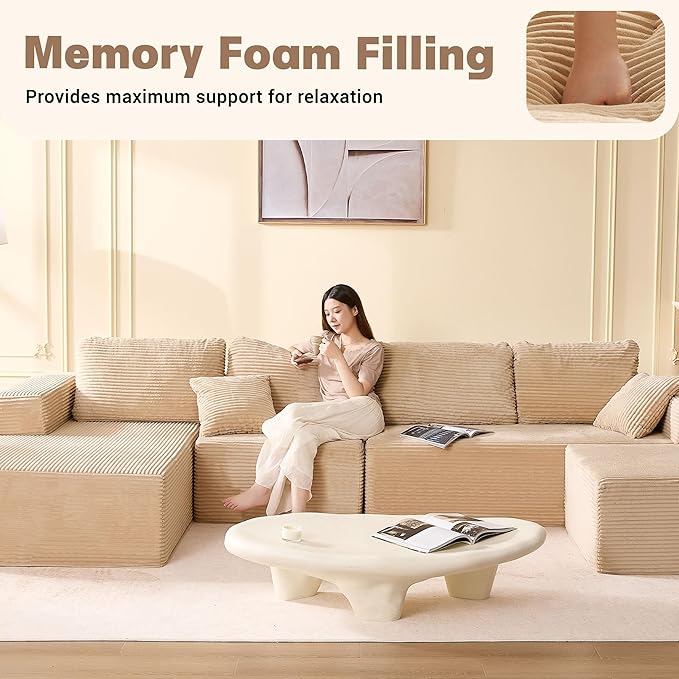 138 Boneless Couch with Deep Seat Set of Modular Sectional Sofa Cloud Sectional Couch for Living Room No Assembly Required Corduroy U-Shape 4 Seater Left Camel