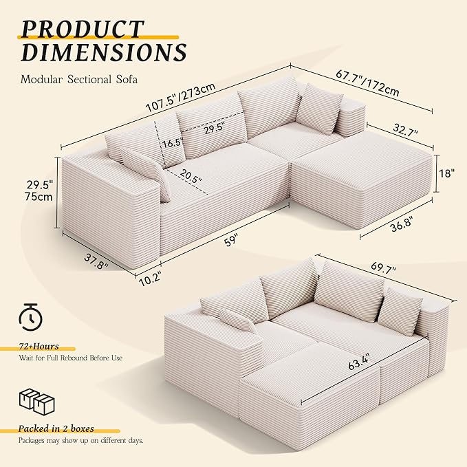 DWVO 108 Modular Sectional Couch with L-Shape Chaise Modern Cloud Sectional Sofa with Deep Seat Upholstered Couches for Living Room Bedroom No Assembly Required Beige