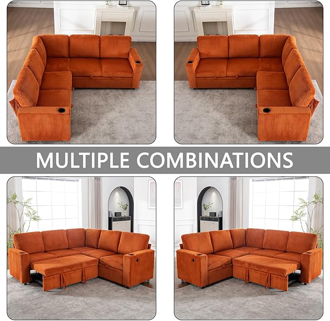 83 Modular Sectional Sleeper Sofa with Pull Out Bed Plush Corduroy L-Shaped Corner Couch with Storage USB Charger Cup Holders 5-Seater Sectional Couches for Living Room Apartment Orange