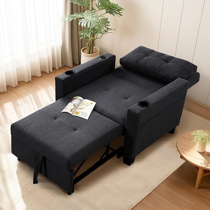 FLEXISPOT XCT2 Sleeper Chair Convertible Pull Out Bed W/Adjustable BackrestSofa Bed Chair 3 in 1 w/USB Port Cup Holders for Living Room Apartment Small Space (Black)