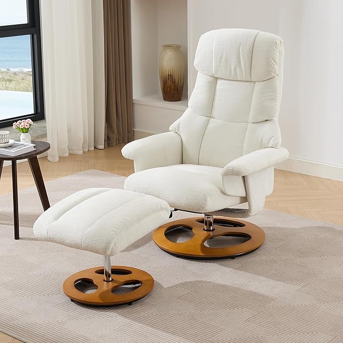 360°Swivel Lounge Chair with OttomanElegant Chenille Massage Chair with 5 Point Vibration MassageDurable Structure Chaise Lounge with Adjustable Backrest for Living RoomOfficeStudyWhite