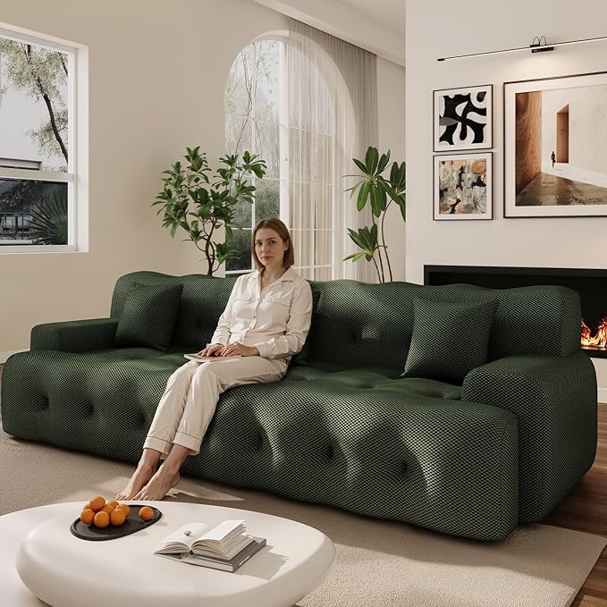 114 Oversized Boneless Sectionals Couch for Living Room Modern Boucle Curved Cloud Couch with 3 PillowsComfy Cloud Sofa Couches Without AssemblyPet-Friendly Comfy Deep Seat Sofa Green