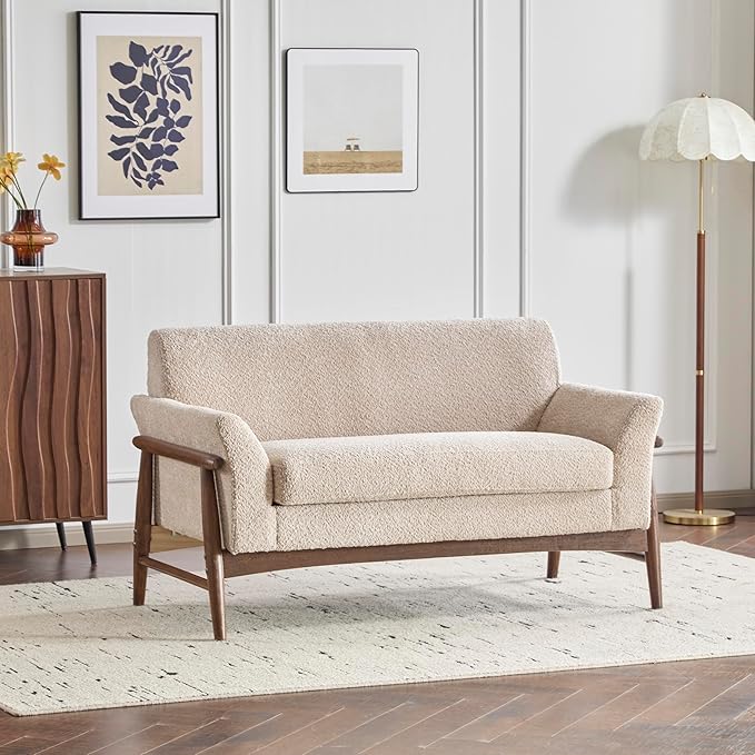 Christopher Knight Home Canna Boucle Flared Arms Loveseat Comfy Upholstery 2 Seater Sofa Wooden Frame Living Room Chair Soft Seating Lounge Sofa for Bedroom/Office Almond + Walnut