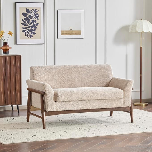 Christopher Knight Home Canna Boucle Flared Arms Loveseat Comfy Upholstery 2 Seater Sofa Wooden Frame Living Room Chair Soft Seating Lounge Sofa for Bedroom/Office Almond + Walnut