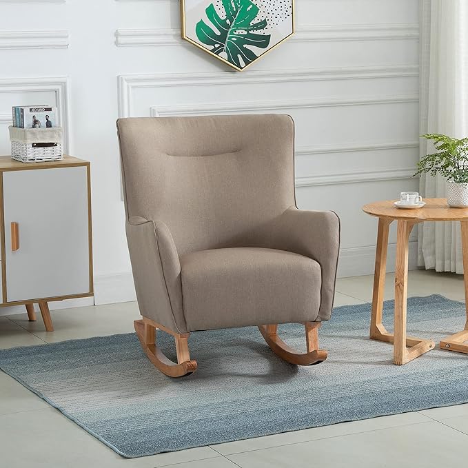 HOMCOM Modern Rocking Chair Sofa Armchair Modern Accent Chair with Thick Padding Winged Back for Living Room or Bedroom Greige