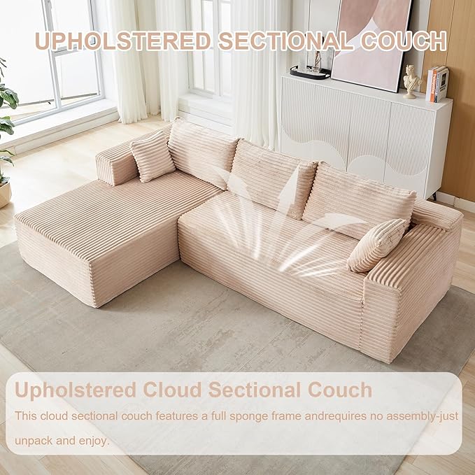 110 Modular Sectional Sofa with L-Shape Chaise Boneless Cloud Couch with Deep Seat Sponge Compression Sofas No Assembly Required Upholstered Couches for Living Room Bedroom (Corduroy Beige)