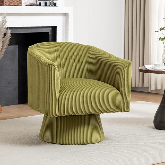Swivel Accent Chair Modern 360° Barrel Chair Corduroy Upholstered Single Sofa for Living Room Bedroom(Green)