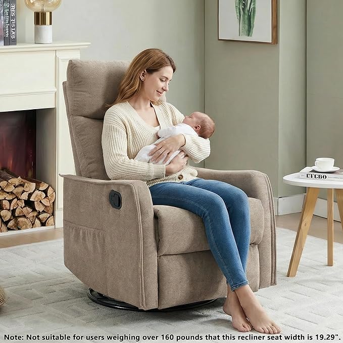 Manual 360° Swivel Rocker Recliner Chair for Adults Overstuffed Glider Chair for Nursery with Vibration Massage and Heat Comfy Soft Fabric Glider with Side Pockets for Living Room Khaki