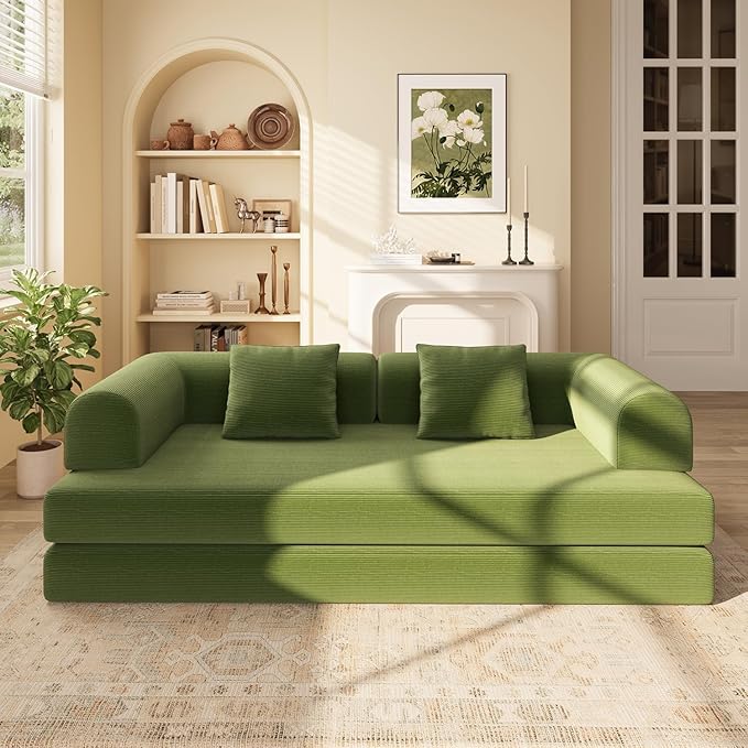 Ahomly 78.8'' Convertible Sofa Bed5-in-1 Boneless Couch with Removable ArmrestsFolding Futon Sofa Bed Includes 2 PillowsComfy Pull Out Couch for Living RoomNo Assembly RequiredGreen