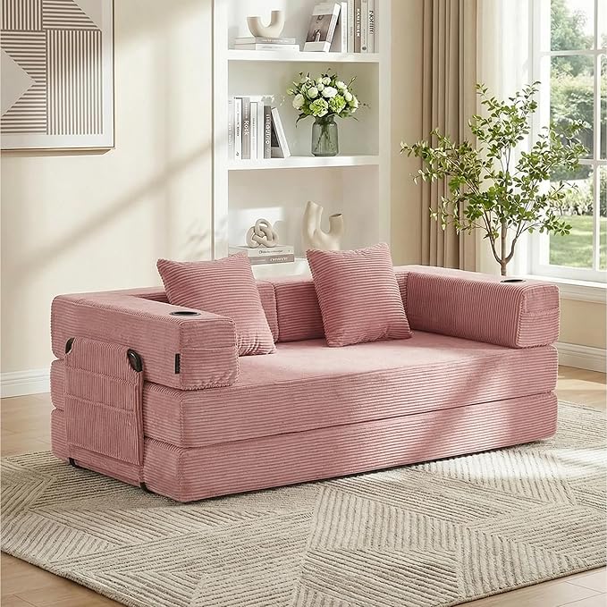 WELAX 72.8 Convertible Sleeper Sofa Bed Boneless Cloud Queen Futon Couches with Cupholders &amp Storage Pockets Corduroy Folding Floor Couch for Bedroom Apartment No Assembly Pink