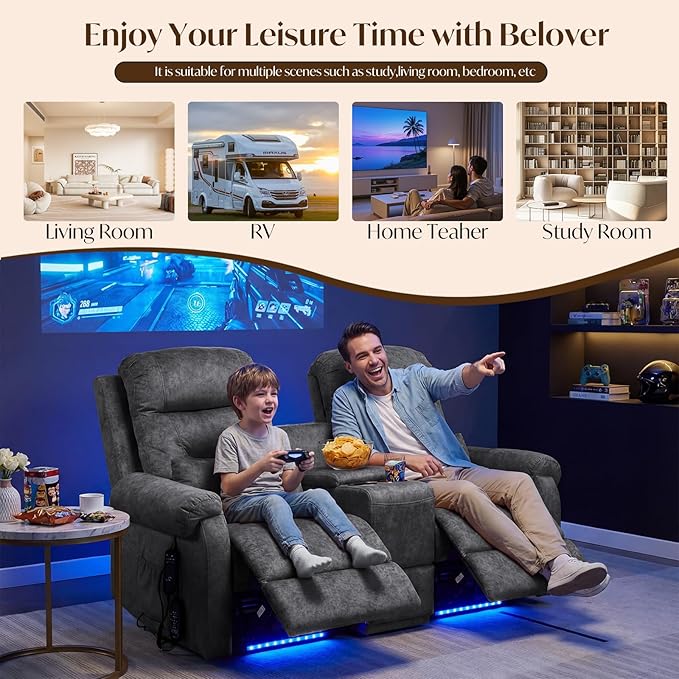 Power Lift Recliner Loveseat Sofa for Elderly Dual Motor Electric Recliner with Massage &amp Heat 2-Seater Velvet Couch with Independent Control Console Cup Holder &amp Power Outlet (Grey 69”)