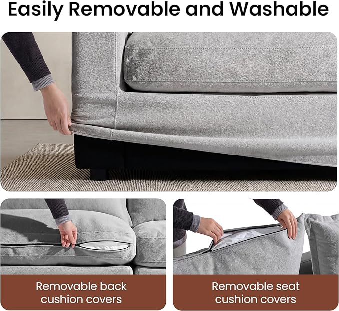 118.5 Modular Sectional Sofa Down Filled Cloud Couch with Storage Ottoman Oversized L Shaped Couch with 2 Pillows 4 Seats Sectional Couches for Living Room Apartment Light Grey