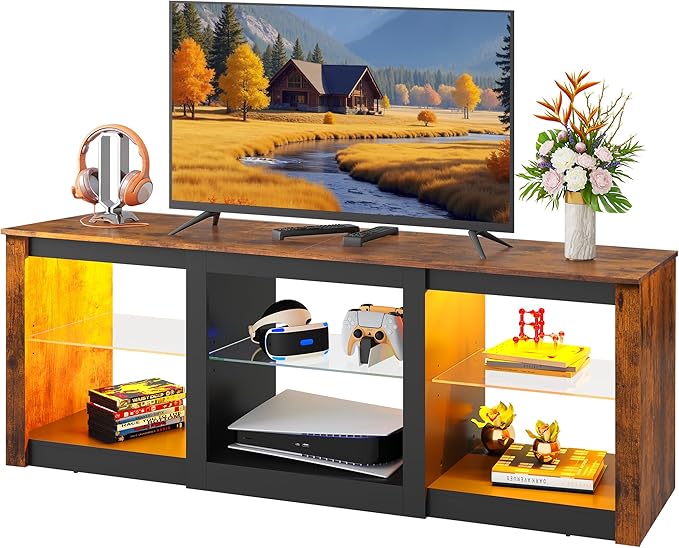 WLIVE Modern LED TV Stand for 65 70 Inch TV 58 Entertainment Center with Adjustable Glass Shelves &amp RGB Lights Wood Media Console Table for Living Room Bedroom Gaming Room Rustic Brown