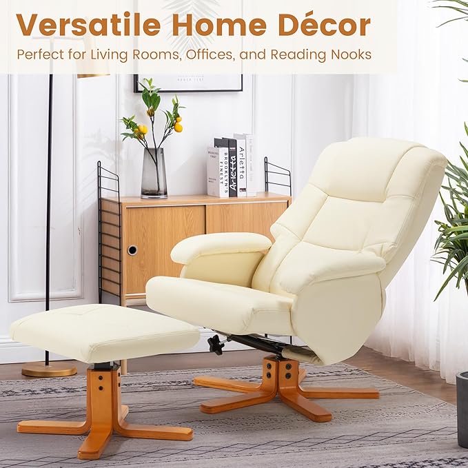Swivel Recliner with Ottoman Reclining Chair and Footrest PU Leather Upholstered Chair Ottoman Set with Wrapped Base for Living Room Bedroom and Home Office Beige